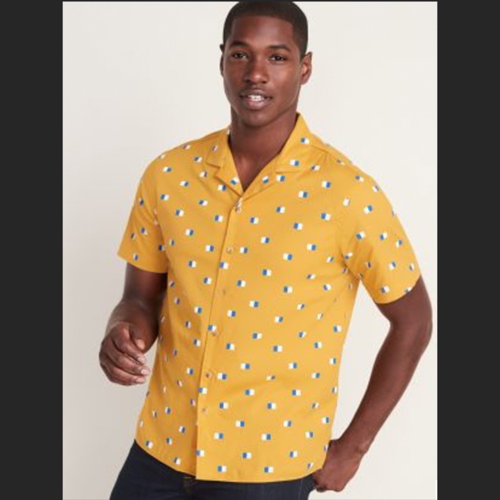 NWT Old Navy Men's Yellow Printed Short Sleeve Dress Shirt